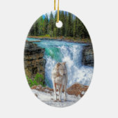 White Wolf & Rocky Mountain Wasserfall Wilhelm Tel Keramik Ornament (Hinten)