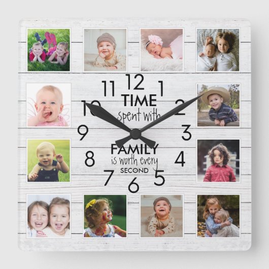 White Wood 12 Photo Collage Family Time Quote   Quadratische Wanduhr (Vorderseite)
