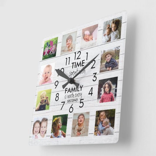 White Wood 12 Photo Collage Family Time Quote   Quadratische Wanduhr (Winkel)
