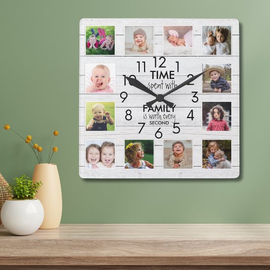 White Wood 12 Photo Collage Family Time Quote   Quadratische Wanduhr