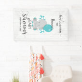 White Wood & Aquamarin Elephant Baby Dusche Willko Banner (Insitu)
