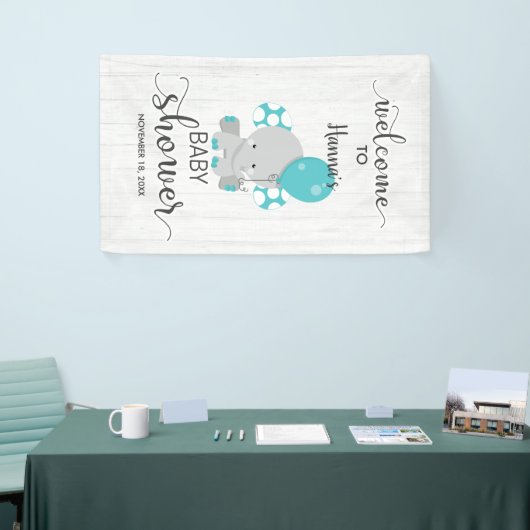 White Wood & Aquamarin Elephant Baby Dusche Willko Banner (Messeveranstaltung)
