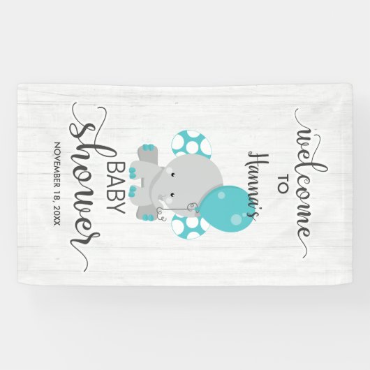 White Wood & Aquamarin Elephant Baby Dusche Willko Banner (Horizontal)