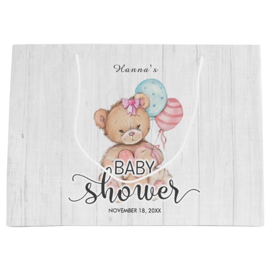 White Wood Balloons & Teddy Bear Girl Babydusche Große Geschenktüte (Vorderseite)