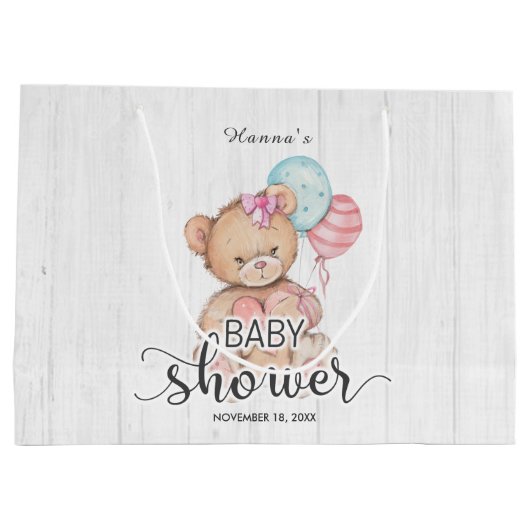 White Wood Balloons & Teddy Bear Girl Babydusche Große Geschenktüte (Rückseite)