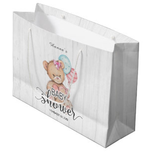 White Wood Balloons & Teddy Bear Girl Babydusche Große Geschenktüte