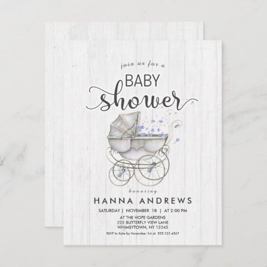 White Wood & Carriage Boy Kinderdusche Einladung (Vorne/Hinten)