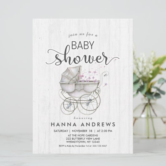 White Wood & Carriage Girl Kinderdusche Einladung (Stehend Vorderseite)