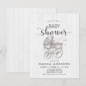 White Wood & Carriage Girl Kinderdusche Einladung (Vorne/Hinten)