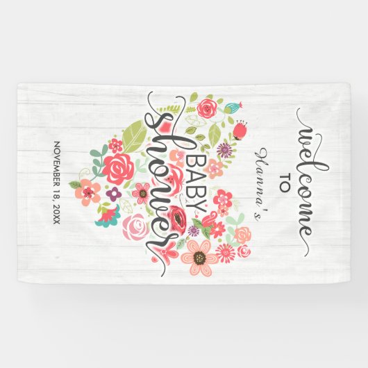 White Wood Floral Heart Girl Babydusche Willkommen Banner (Horizontal)