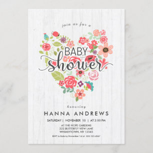 White Wood & Heart Girl Baby Dusche Einladung