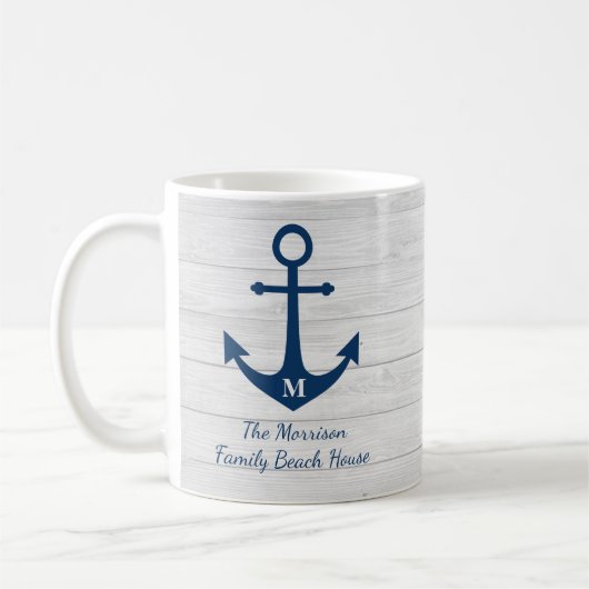 White Wood Monogram Beach House Anchor Family Kaffeetasse (Links)