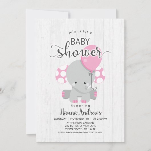 White Wood Pink Elephant Baby Dusche Einladung (Vorderseite)