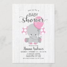 White Wood Pink Elephant Baby Dusche Einladung