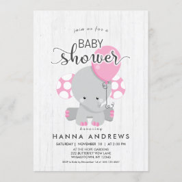 White Wood Pink Elephant Baby Dusche Einladung