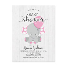 White Wood Pink Elephant Baby Dusche Einladung