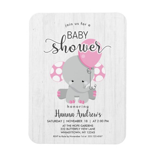 White Wood Pink Elephant Baby Dusche Einladung Magnet (Vertikal)