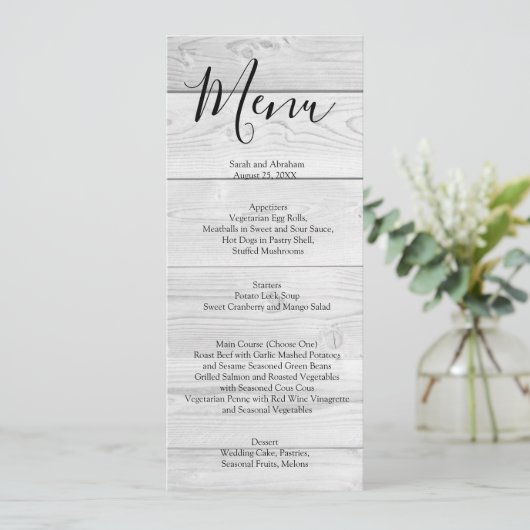 White Wood Rustic Chic Wedding Menu Menükarte (Stehend Vorderseite)