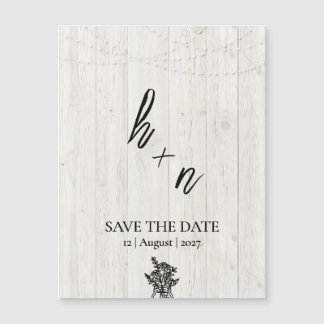 White Wood Save the Date Minimalistic Initials Magnetkarte