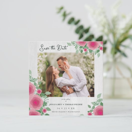 White Wood Spring Blooming Pink Shades Wedding Save The Date (Stehend Vorderseite)