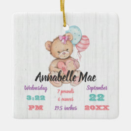 White Wood & Teddy Bear Baby Girl Birth Keepake Keramikornament