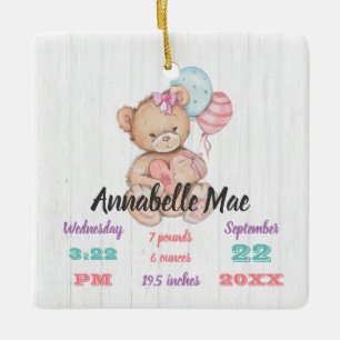 White Wood & Teddy Bear Baby Girl Birth Keepake Keramikornament