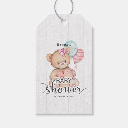 White Wood & Teddy Bear Girl Baby Dusche Vielen Da Geschenkanhänger (Vorderseite)