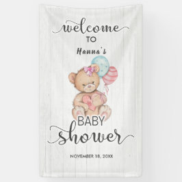 White Wood & Teddy Bear Girl Babydusche Willkommen Banner