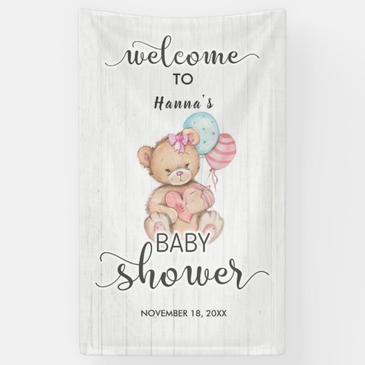 White Wood & Teddy Bear Girl Babydusche Willkommen Banner (Vertikal)