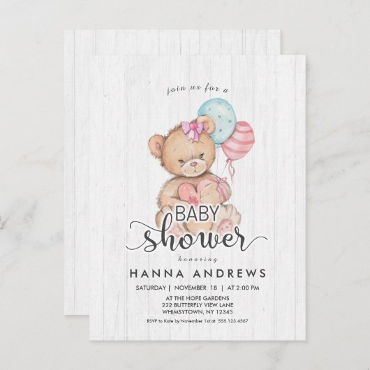 White Wood Teddy Bear Girl Kinderdusche Einladung (Vorne/Hinten)