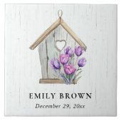White Wooden Rustic Purple Tulip Floral Birdhouse Fliese (Vorderseite)
