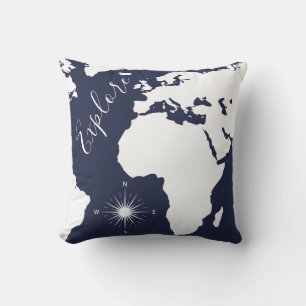 White World Map & Compass Exploration Kissen
