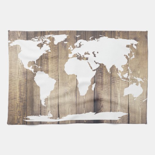 White World Map Rustic Wood Planks Geschirrtuch (Horizontal)