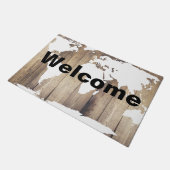 White World Map Rustic Wood Planks Willkommen Fußmatte (Schrägansicht)