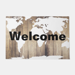 White World Map Rustic Wood Planks Willkommen Fußmatte