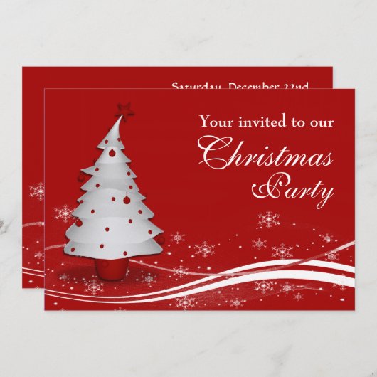 White Xmas Tree on Red Background Weihnachts-Party Einladung (Vorne/Hinten)