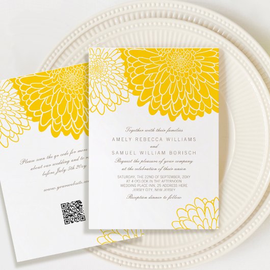 White Yellow Chrysanthemum Simple QR UAWG Wedding Einladung