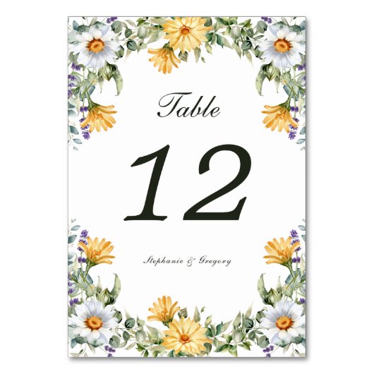 White Yellow Florals Wedding Tischnummer (Vorderseite)