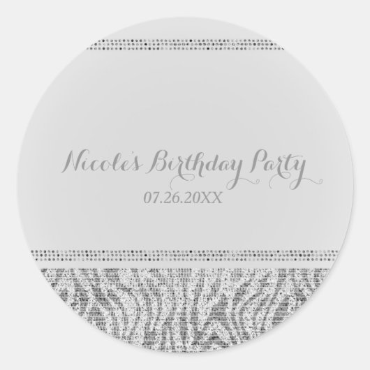 White Zebra Sparkle Sequins Glam Gastgeschenk Chic Runder Aufkleber (Vorderseite)