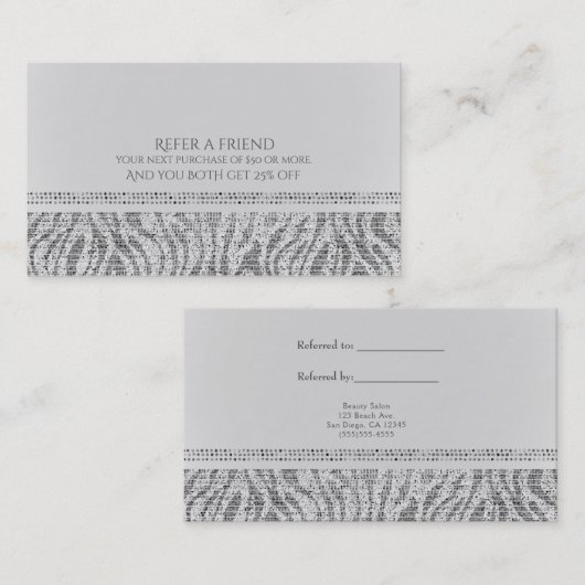 White Zebra Sparkle Sequins Glam Refer a Friend Empfehlungskarte (Vorne/Hinten)