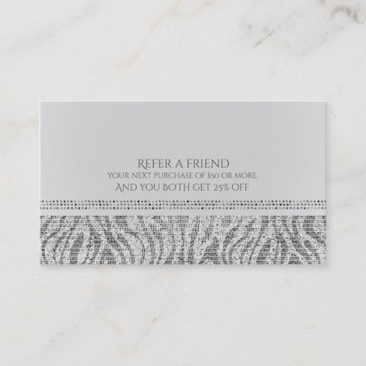 White Zebra Sparkle Sequins Glam Refer a Friend Empfehlungskarte (Vorderseite)