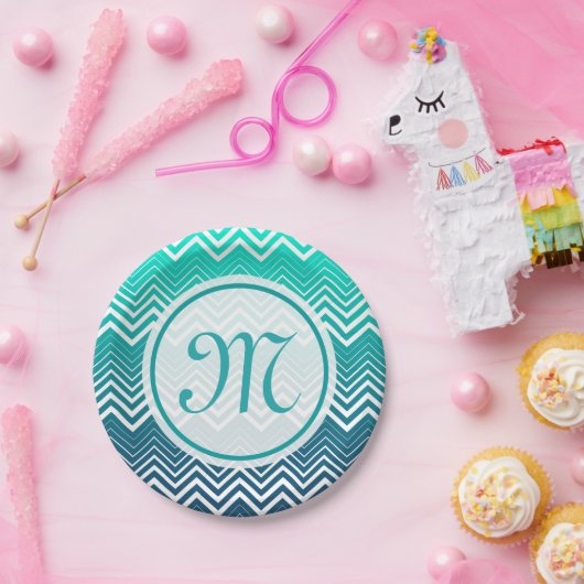 White Zigzag Zickzack und blau-grün Hintergrund Pappteller (Party)