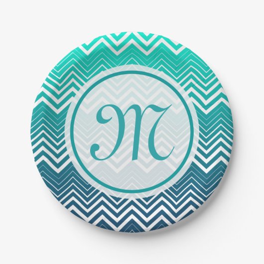 White Zigzag Zickzack und blau-grün Hintergrund Pappteller (Vorderseite)
