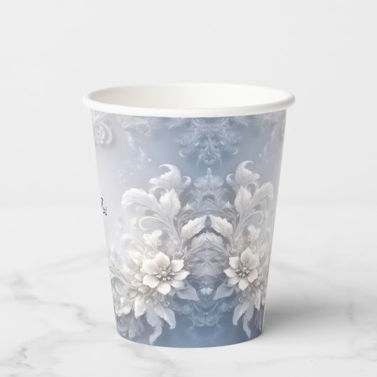 Whitepaper (Cups) mit Geblüht weißer Blume Pappbecher (Rückseite)