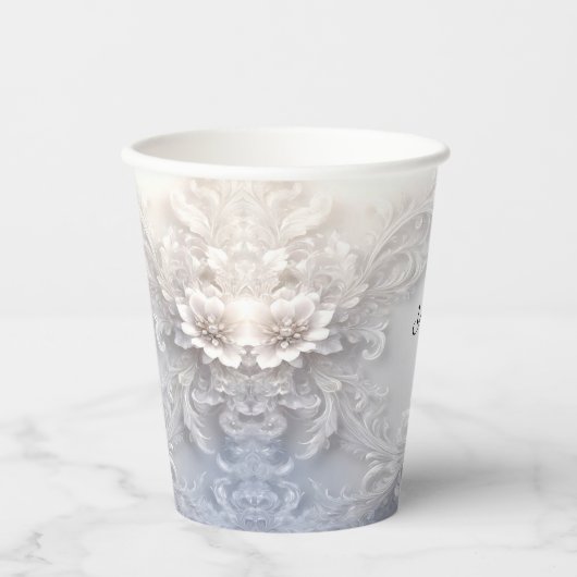 Whitepaper (Cups) mit Geblüht weißer Blume Pappbecher (Vorderseite)