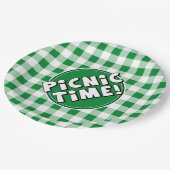 Whitepaper Picnic Time Green Gingham-Muster Pappteller (Schrägansicht)