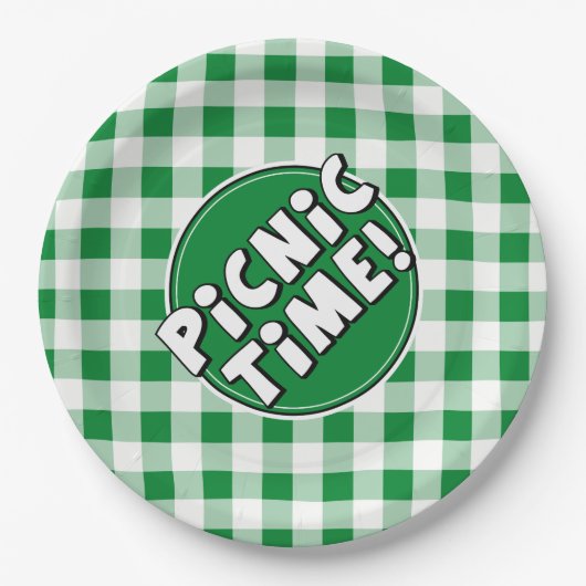 Whitepaper Picnic Time Green Gingham-Muster Pappteller (Vorderseite)