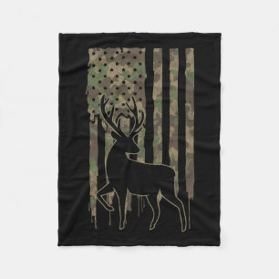 Whitetail Buck Deer Junting American Flag Camoufla Fleecedecke