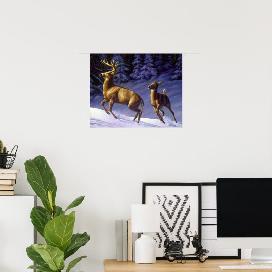 Whitetail Deer Buck & Dock im Winterschnee Poster (Heimbüro)