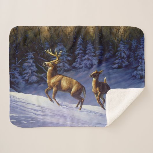Whitetail Deer Buck & Dock im Winterschnee Sherpadecke (Vorderseite (Horizontal))